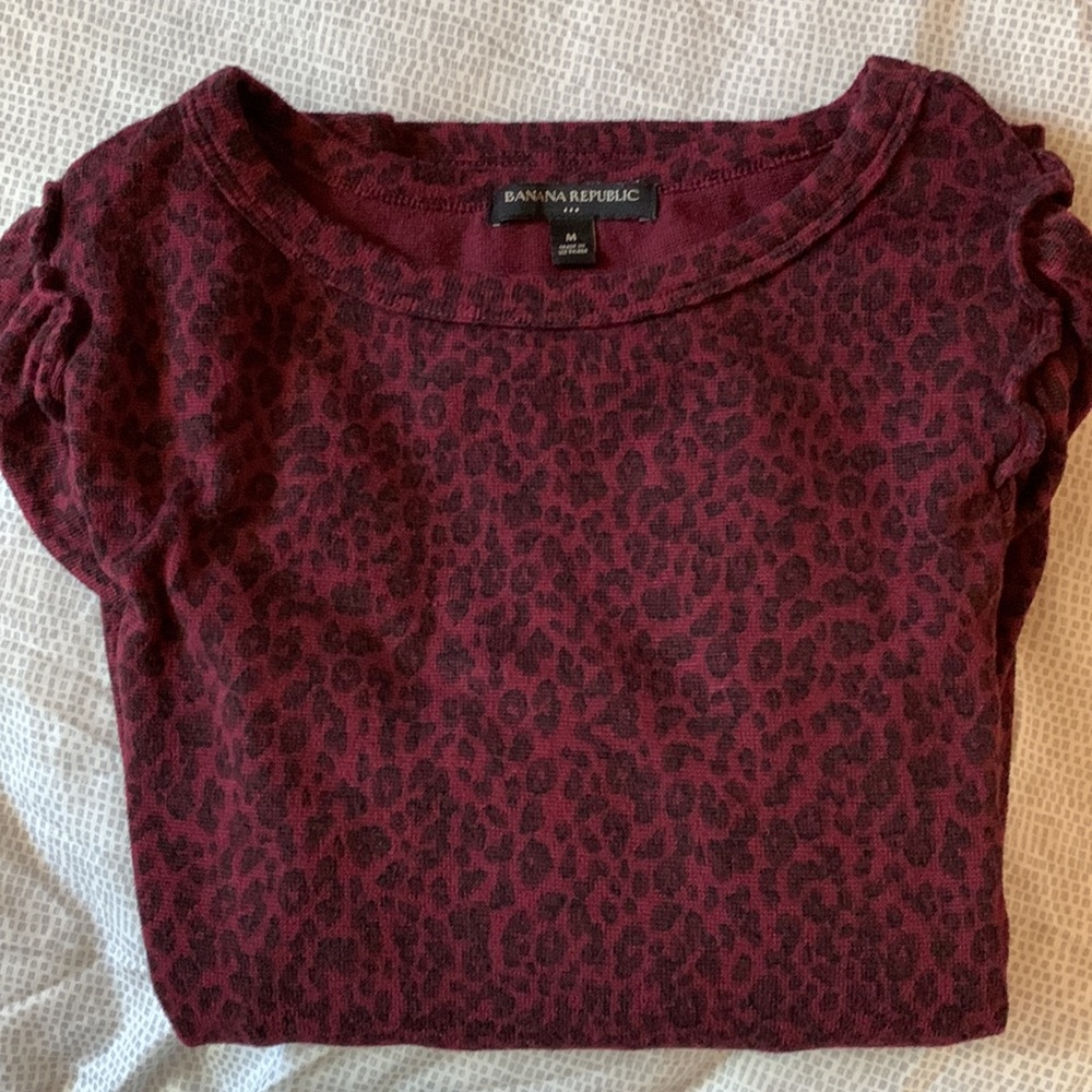 Banana Republic Long Sleeve Blouse - Purple/Burgundy with Black Leopard Print